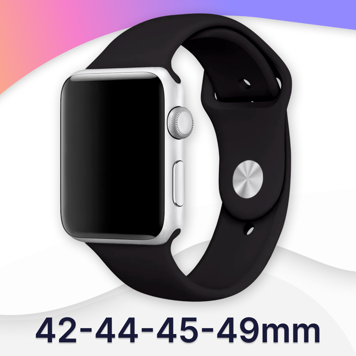 Силиконовый ремешок для Apple Watch 42-44-45-49 mm, Series 1-9, SE, Ultra / Сменный браслет (Sport Band) для смарт часов Эпл Вотч 42-49 мм (Black S)