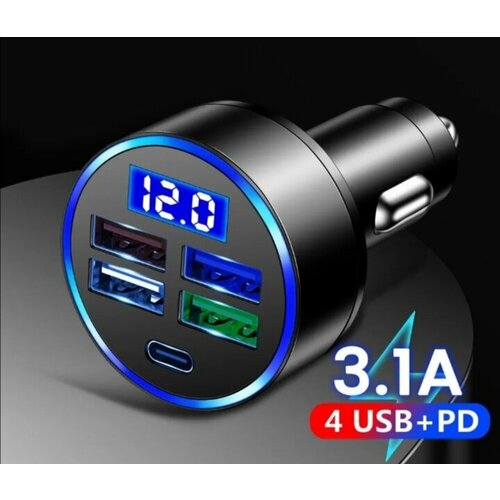 Автомобильное зарядное устройство с вольтметром / 4 USB порта + Type-C / , быстрая автомобильная зарядка для телефона 12-24 QC3.0 12-24 вольт