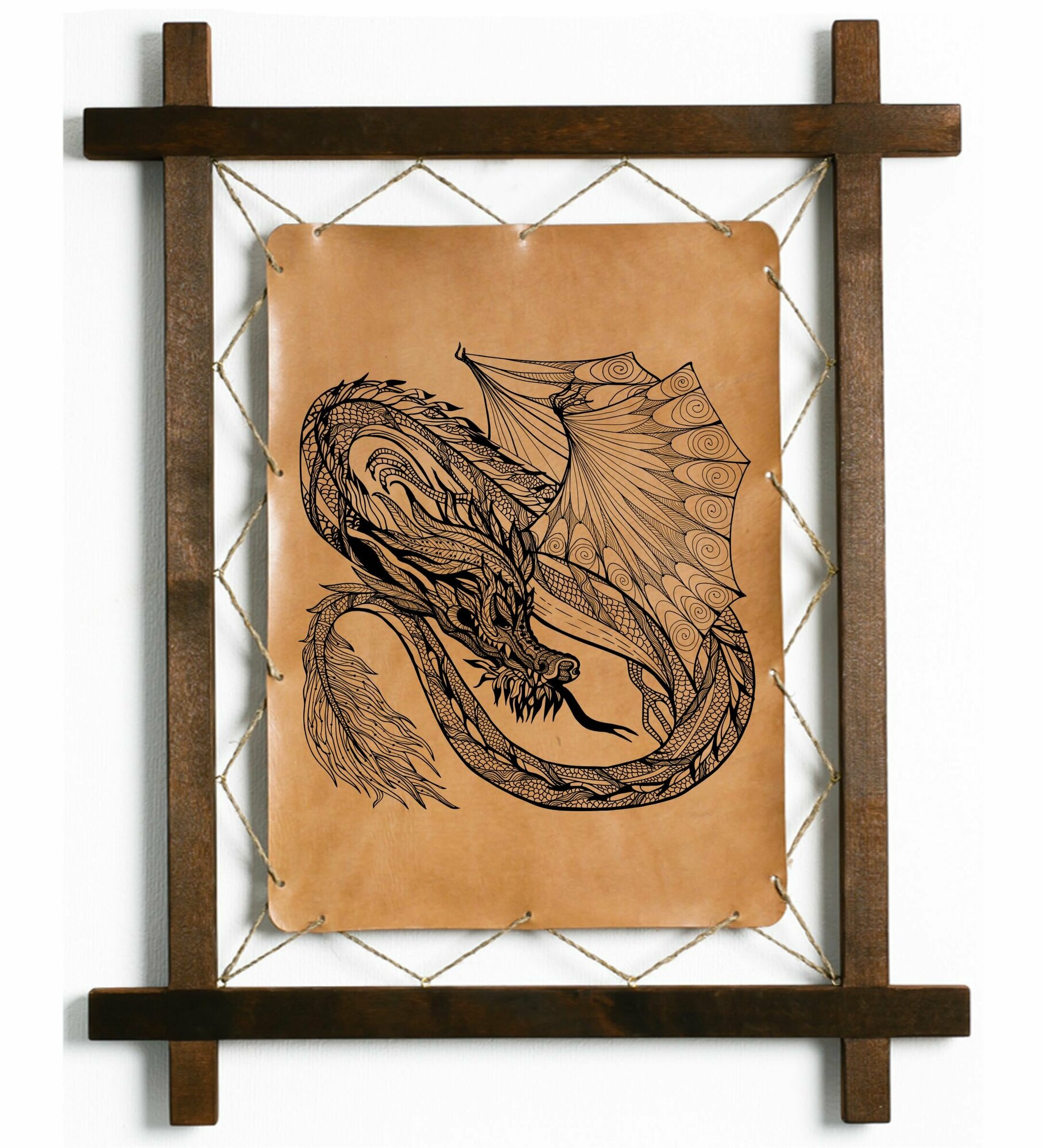 Картина Красивый дракон, гравировка на натуральной коже, интерьерная для украшения и декора на стену в деревянной раме, подарок, BoomGift