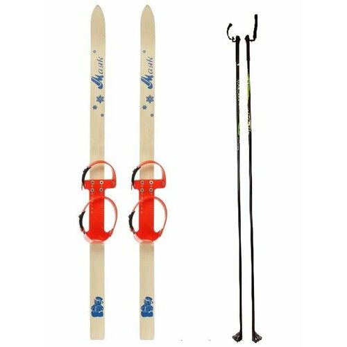 Лыжи детские деревянные 70,90,100,110,120,130 см с креплением Yunior и палками из стекловолокна