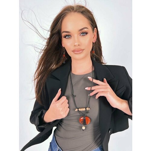 Колье MaRo, вулканическая лава, яшма, длина 115 см, красный, коричневый