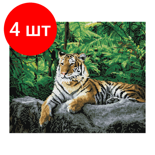 Комплект 4 шт, Алмазная мозаика ТРИ совы Тигр в джунглях, 40*50см, холст, картонная коробка с пластиковой ручкой алмазная мозаика три совы тигр в джунглях