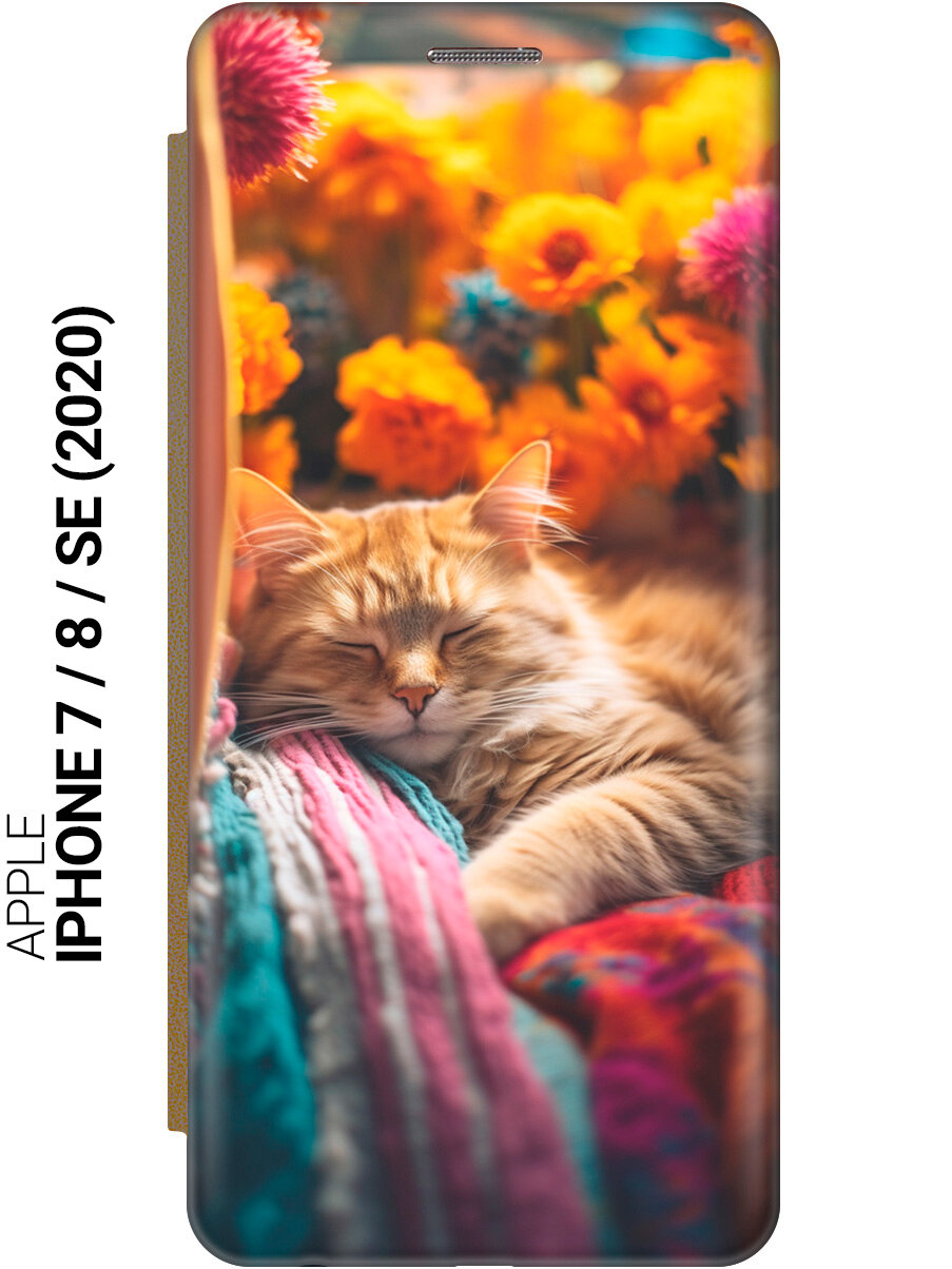 Чехол-книжка на Apple iPhone SE (2022) / SE (2020) / 8 / 7 / Эпл Айфон СЕ 2022 / СЕ 2020 / 8 / 7 с рисунком "Спящий на пледе котик" золотистый