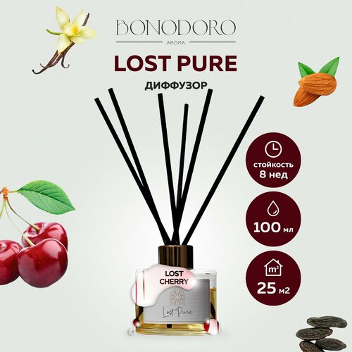 BONODORO Аромадиффузор с палочками Вишня и Миндаль / Ароматизатор для дома c 6 фибровыми палочками, 100 мл