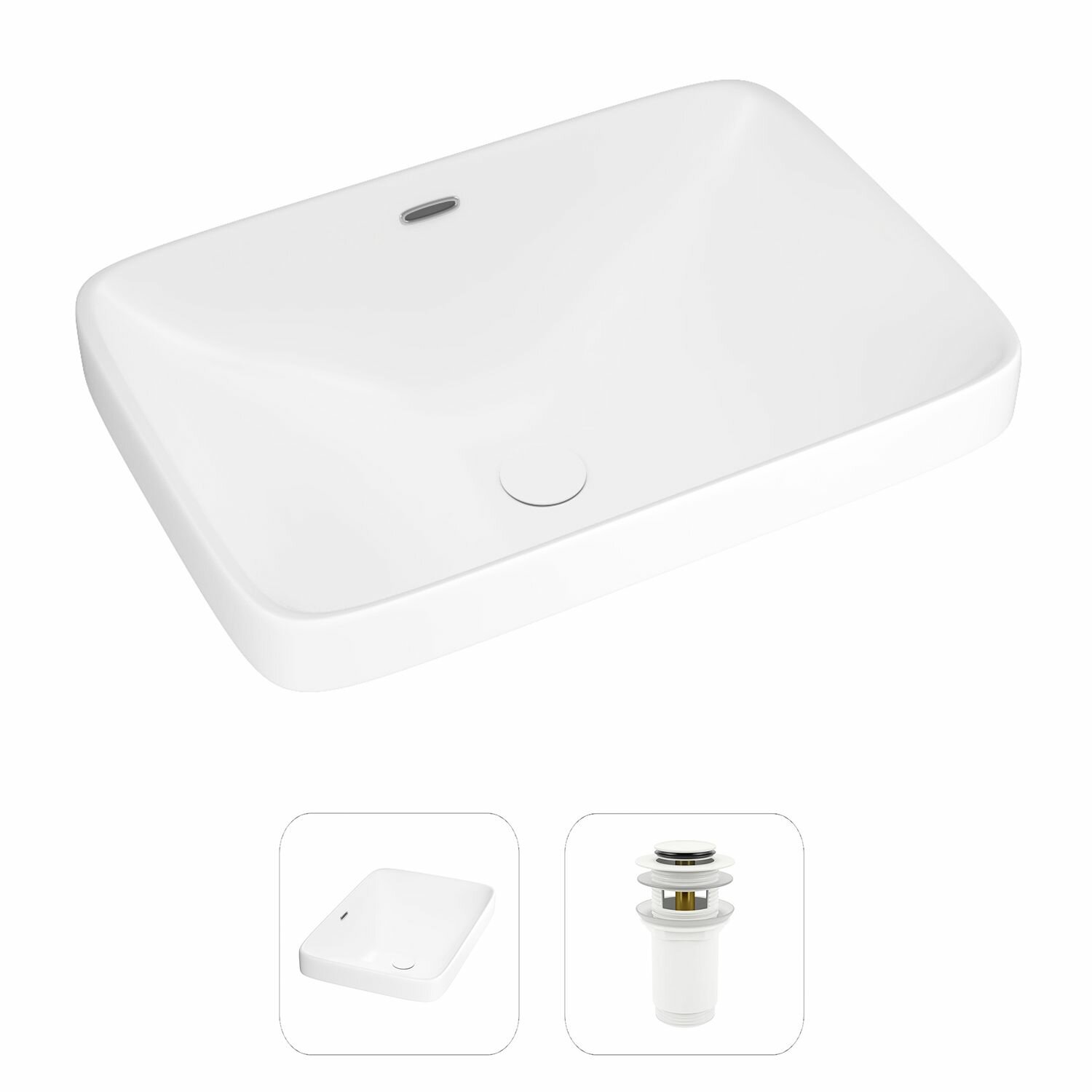 Встраиваемая раковина в ванную Helmken 44156000 комплект 2 в 1: умывальник прямоугольный 56 см, донный клапан click-clack в цвете белый