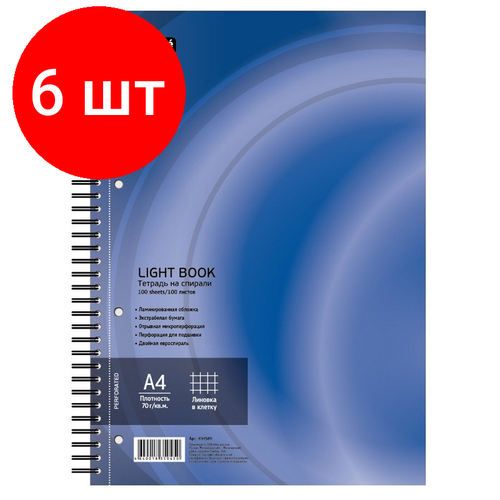 Комплект 6 штук, Бизнес-тетрадь 100л, кл, А4, LightBook, спираль, обл. синий, блок белый 70г/м