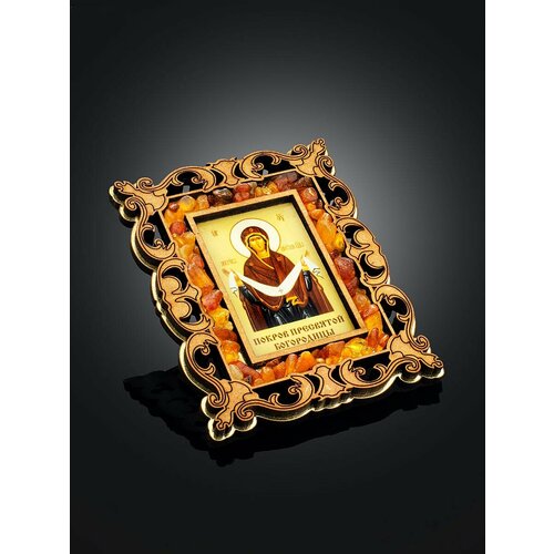 Небольшая икона-магнит в резной деревянной рамке с янтарем «Покров Пресвятой Богородицы»