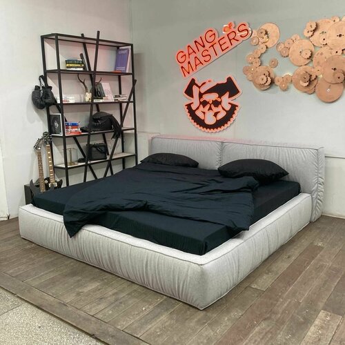 Двуспальная кровать с подъемным механизмом 180х200 Онда с мягким изголовьем для дома, для спальни, ортопедическое основание, ламели усиленные, рогожка светло-серая, Банда Мастеров, Россия