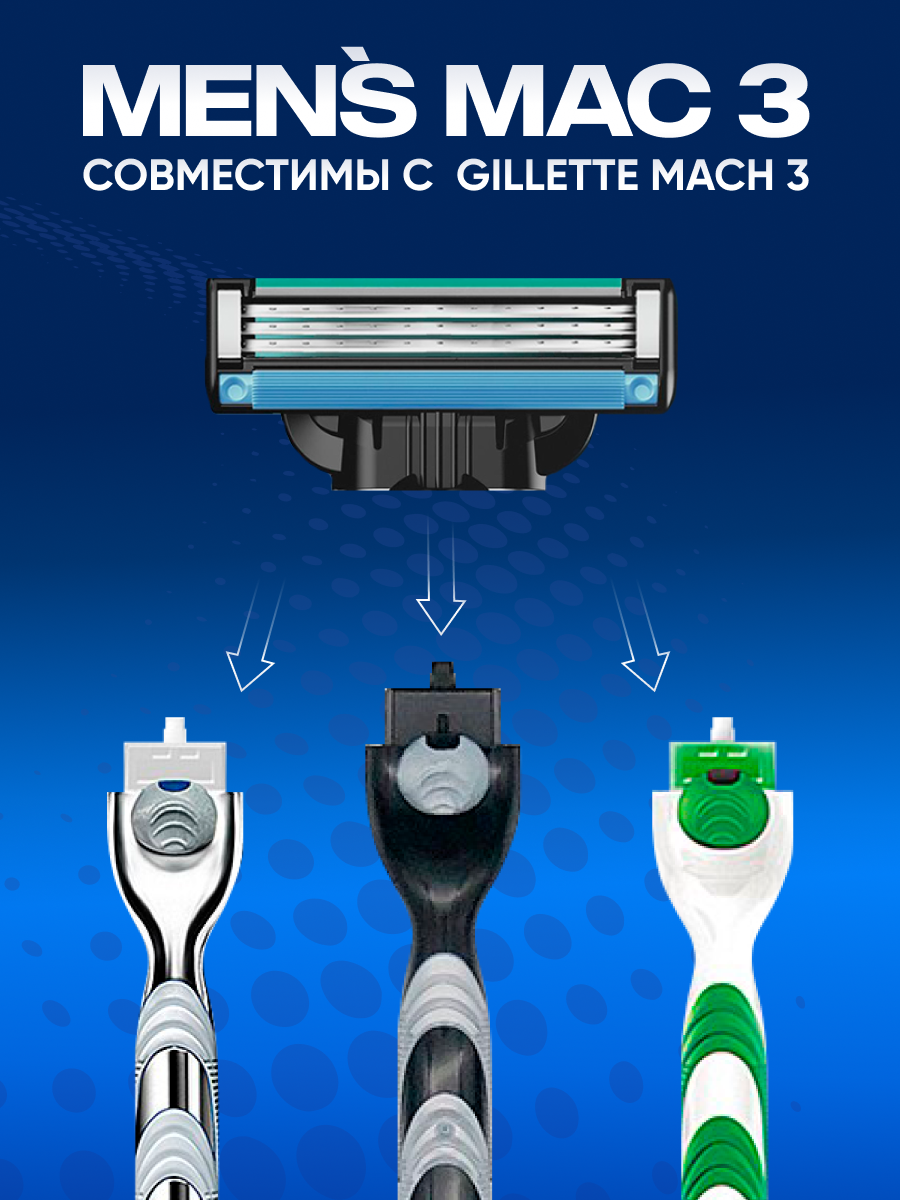 Сменные кассеты Men's Mac 3 для бритья мужские совместимы с Gillette Mach 3, 4 шт по 3 лезвия