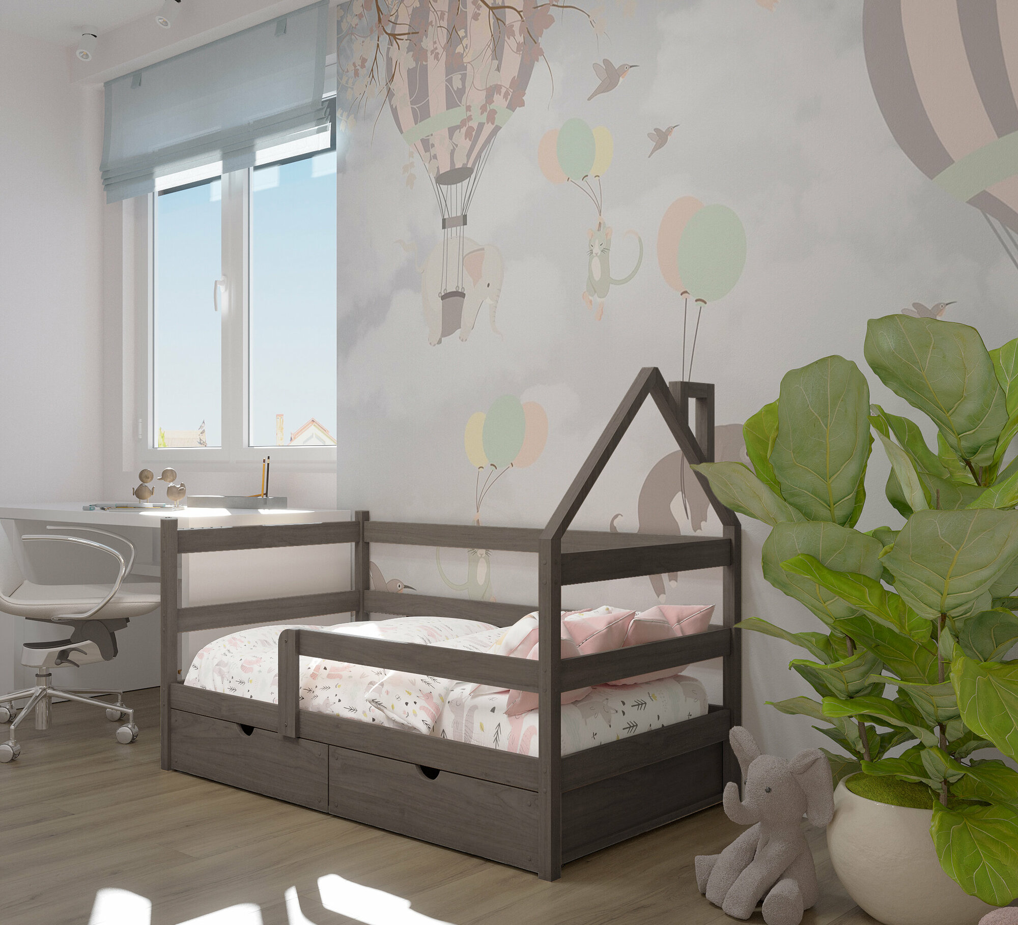 Кровать детская, подростковая "Софа-домик", спальное место 180х90, в комплекте с ящиками и ортопедическим матрасом, масло "Асфальт", из массива