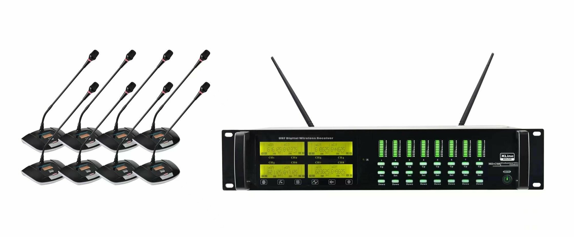 Беспроводная восьмиканальная конференц-система XLine MD-CS8. Частотный диапазон UHF 650- 755 МГц.