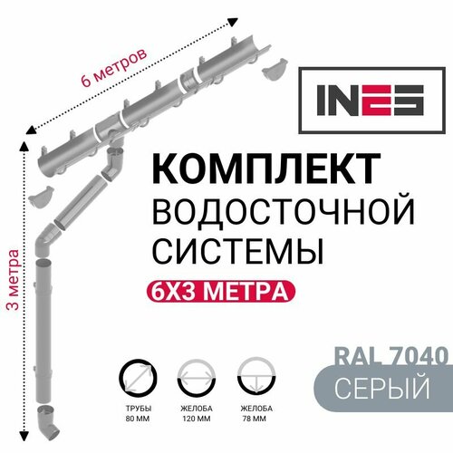 Комплект водосточной системы, INES, 6м/3м, RAL 7040, цвет серый, водосток для крыши. благовония ines