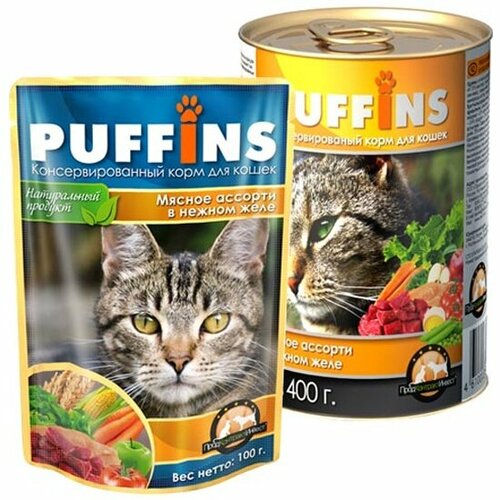 Корм влажный Puffins для кошек Мясное ассорти в желе, 100г х 24шт.