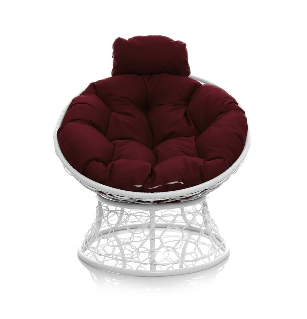 Кресло "Папасан" мини с ротангом белое / бордовая подушка M-Group