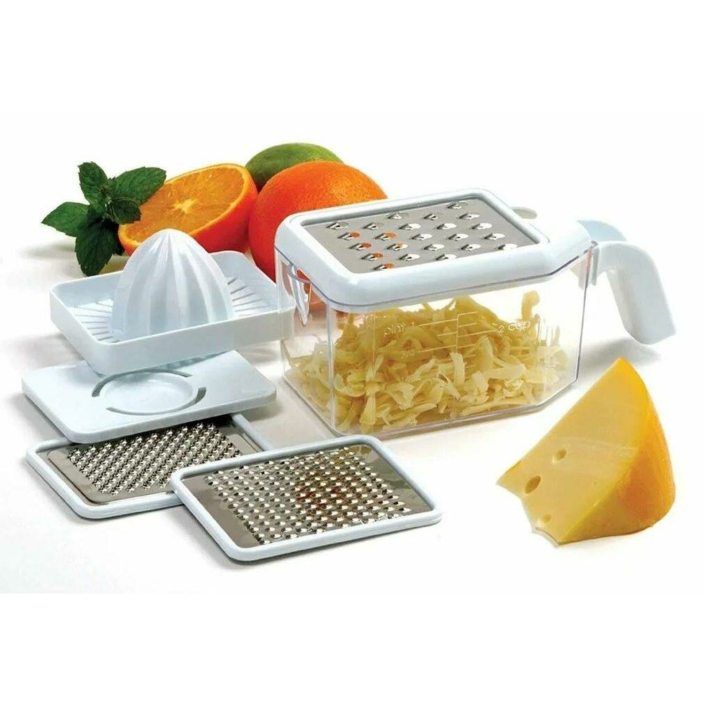фото Терка-соковыжималка с контейнером / Мультитерка, 5 насадок, компактная, размер контейнера 13х9х8 см