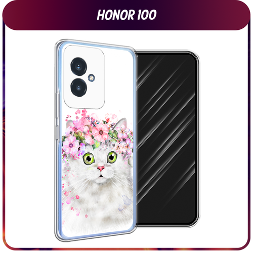 Силиконовый чехол на Honor 100 / Хонор 100 Белая кошка с цветами силиконовый чехол на honor 100 хонор 100 черепа с цветами