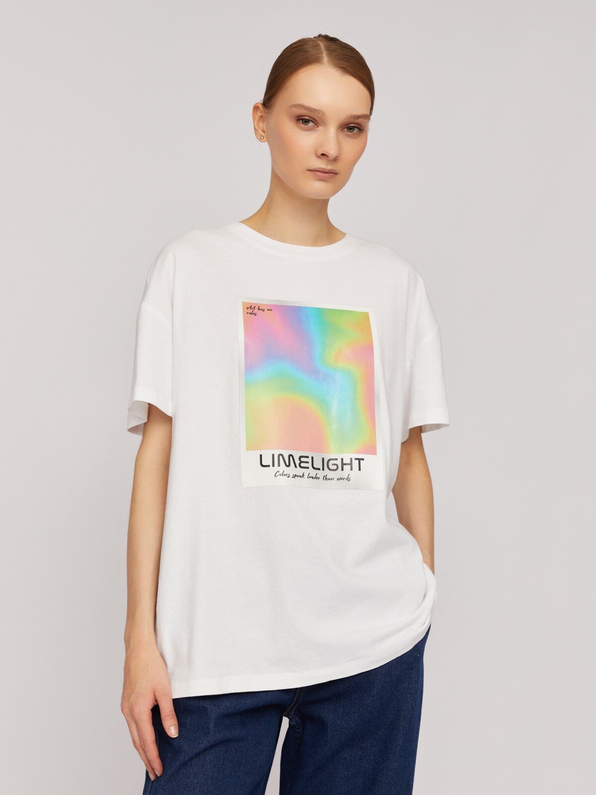 фото Футболка оверсайз из хлопка с принтом, цвет Белый, размер M N24213239331