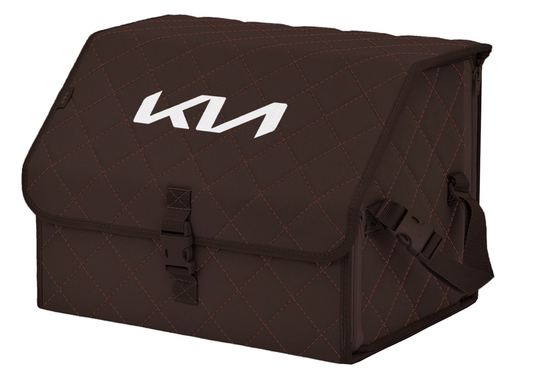 Органайзер-саквояж в багажник "Союз" (размер M). Цвет: коричневый с коричневой прострочкой Ромб и вышивкой KIA (КИА).