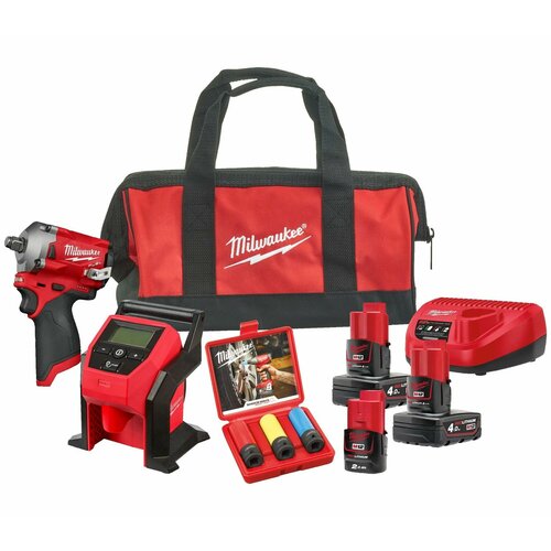 Набор аккумуляторного инструмента Milwaukee 12 В насос BI-0 гайковерт FIWF12-0 3 аккумулятора M12 Li-Ion 12 В 2 и 4 Ач зарядное устройство C12 C 12 В 3 А в сумке 4933481026 56988₽