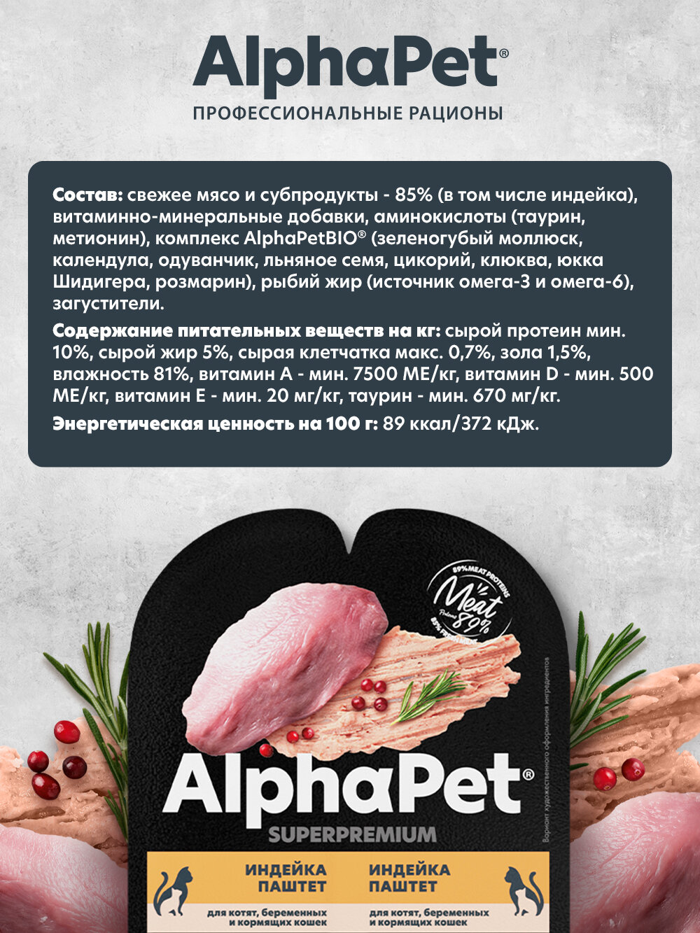 Влажный полнорационный корм для котят, беременных и кормящих кошек паштет с индейкой AlphaPet Superpremium (Упаковка 15 блистеров) — фото 1