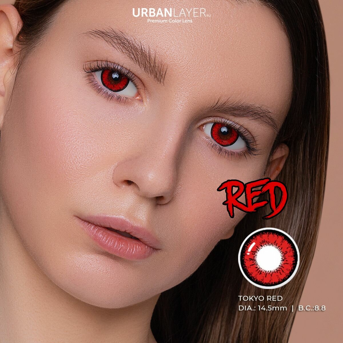 Цветные контактные линзы URBAN LAYER ru Tokyo Red -2.0 / 14.5 / 8.8, красный, 2шт.