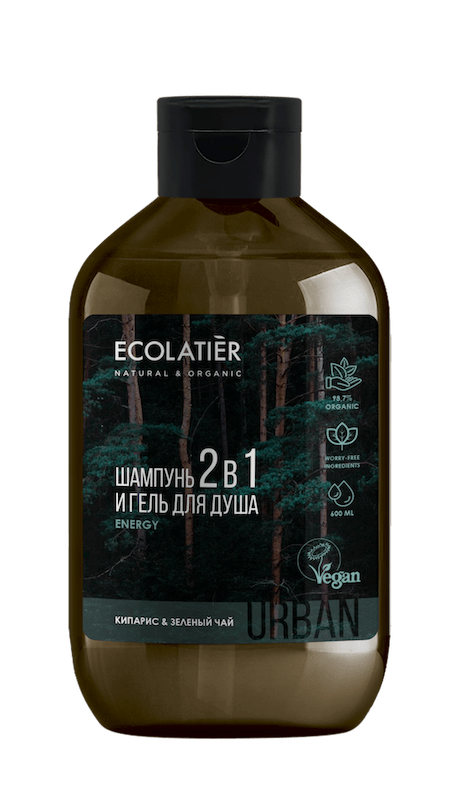 ECOLATIER, ECOLATIER URBAN, Мужской гель для душа и шампунь 2 в 1 для душа, Кипарис & Зеленый чай, 600 мл