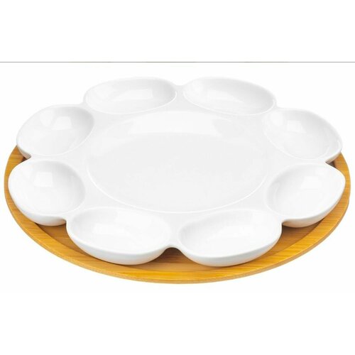 Фарфоровая менажница тарелка для яиц с деревянной доской Пасхальная 4589₽