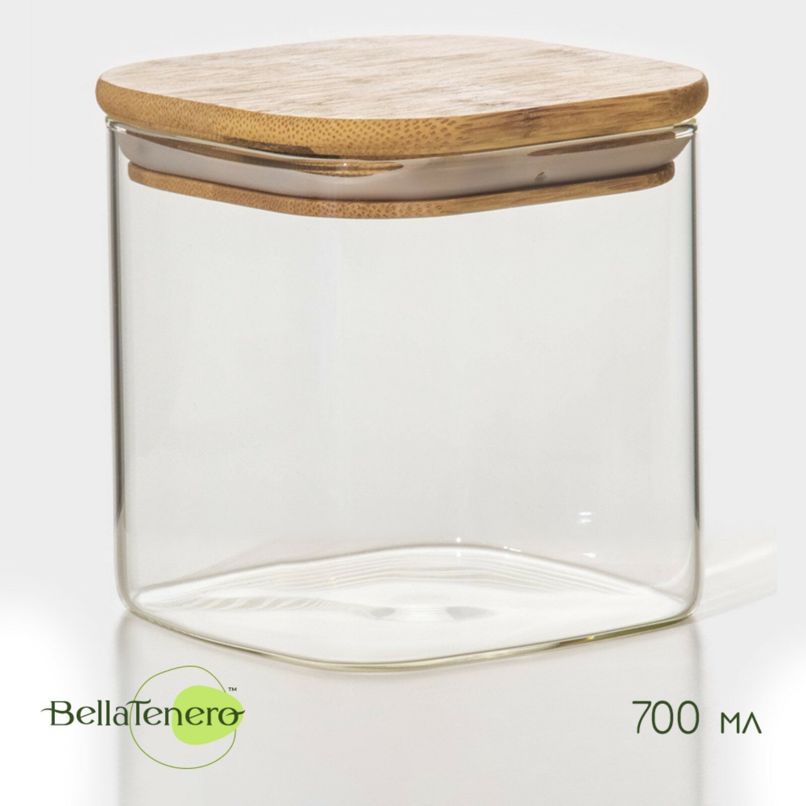 Банка стеклянная для сыпучих продуктов с бамбуковой крышкой BellaTenero «Эко. Квадратная», 700 мл, 10×10,5 см (1шт.)