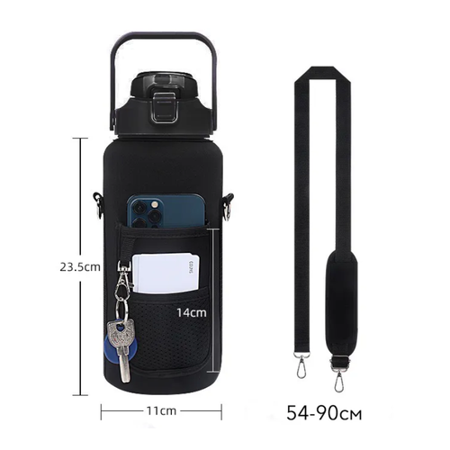 Спортивная бутылка 2000 мл с чехлом для хранения телефона и ключей и ремешком для ношения на плече, Бутылка для воды на целый день, Cпортивная фляга для кемпинга, гидратор для воды, бутылка для туризма