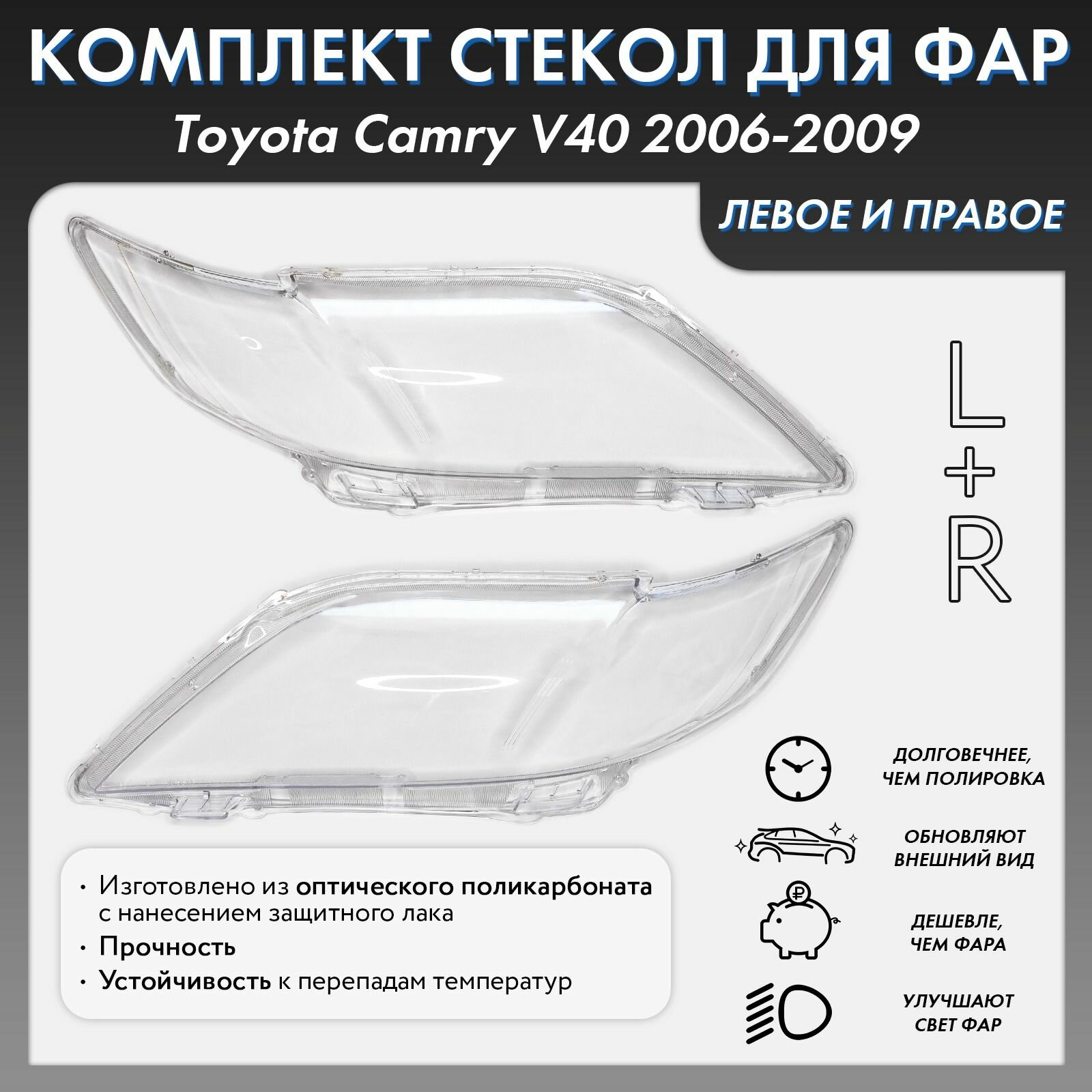 Стекло фары для Toyota Camry V40 2006-2009 комплект левое+правое, поликарбонат 01-009-LR