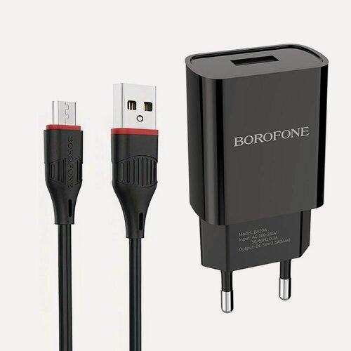 Изображение товара СЗУ BOROFONE BA20A Sharp 1xUSB, 2.1А + кабель MicroUSB, 1м (черный)