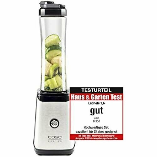 Мини-миксер для смузи CASO B350 на одну порцию с контейнером для смешивания и питья в одном корпусе из нержавеющей стали около 350 Вт включая 2 бутылки для питья из тритана 600 мл и 300 мл и неопреновую крышку без BPA серебристого цвета 1204600₽