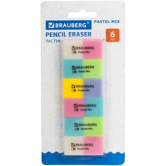 Набор ластиков Brauberg "Pastel Mix" 6 шт цвета ассорти 44х21х10 мм экологичный ПВХ 229597