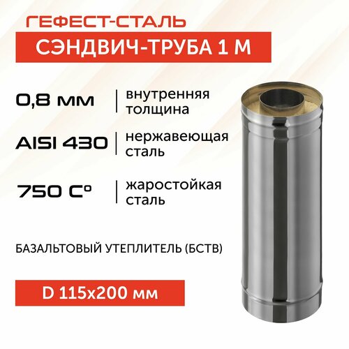 Сэндвич-труба для дымохода 1,0м, 115х200, AISI 430/430, 0,8 мм/0,5 мм, (К)