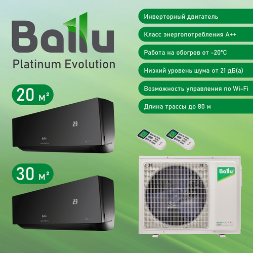 Изображение товара Мульти сплит система Ballu Platinum Evolution DC inverter на 2 комнаты 20 и 30 м2, 6 кВт, А++, черный кондиционер