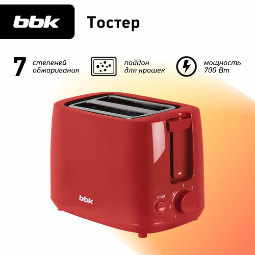 Тостер BBK TR82 красный, 700 Вт, 2 отделения, 7 режимов поджаривания — купить, цена, характеристики