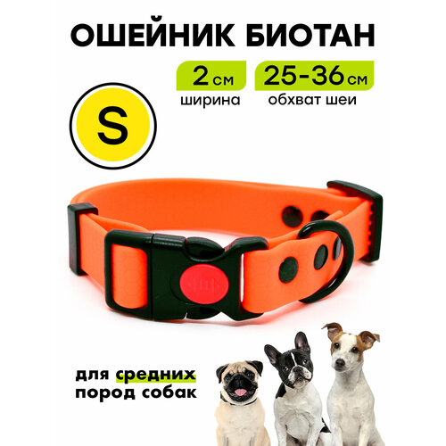 Ошейник из биотана 25-36 см (S), 20 мм, Woofy "Iron", водостойкий, для небольших и средних собак, оранжевый