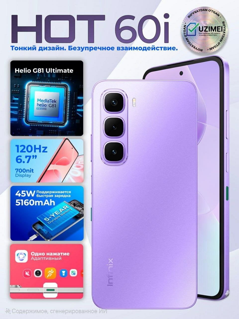 Смартфон Infinix Hot 60i 4/128 ГБ, 120 Гц, 45 Вт, Face ID Розовый