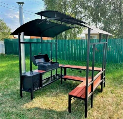 Изображение товара Мангальная беседка "Вайро" с крышей, с жаровней и печью, с лавочкой и дровницей