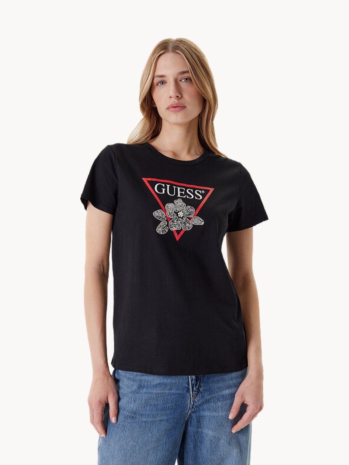 Футболка GUESS SS FLOWER BLING EASY, размер L, черный