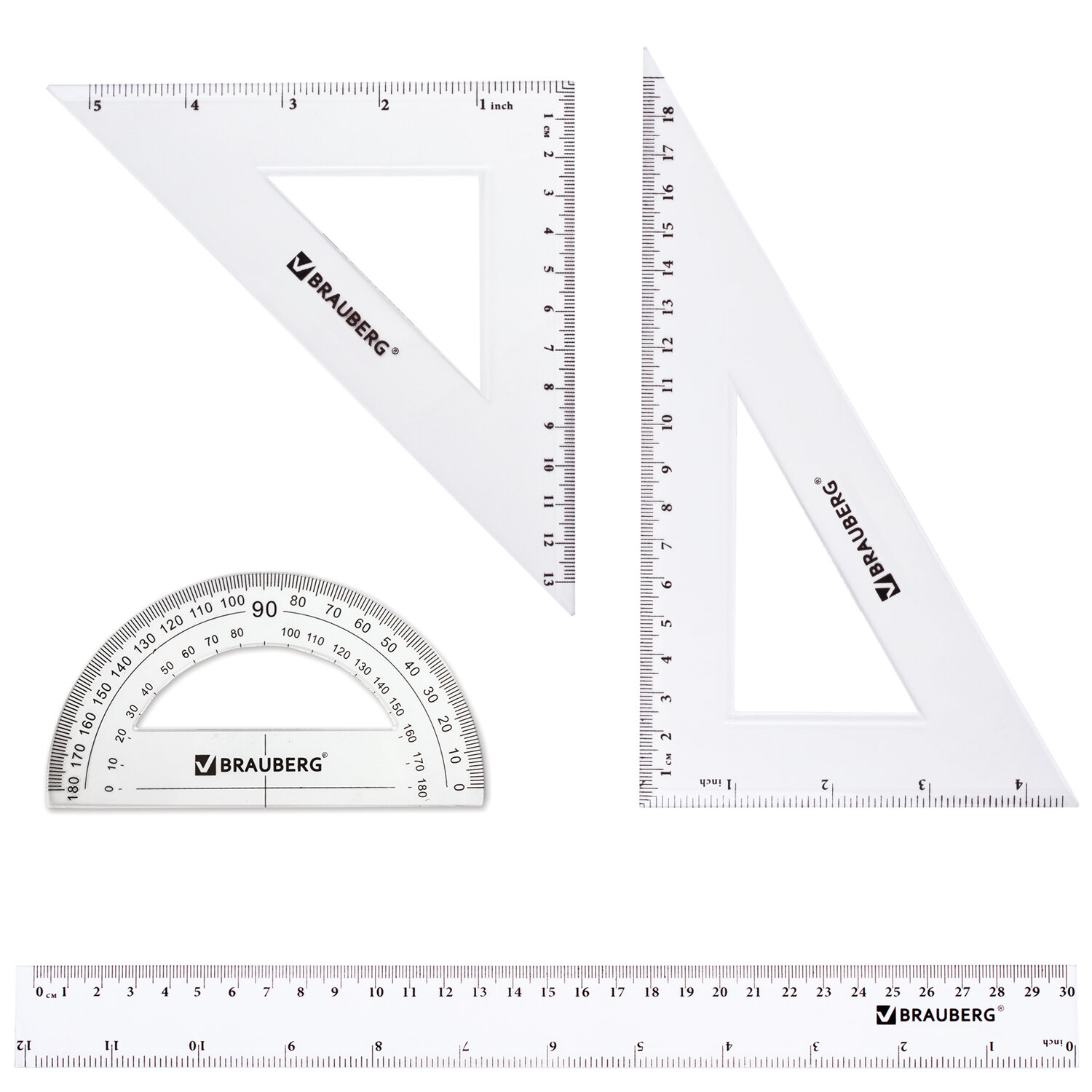 Комплект 5 шт, Набор чертежный большой BRAUBERG (линейка 30 см, 2 угольника, транспортир), конверт на молнии, подвес, 210308