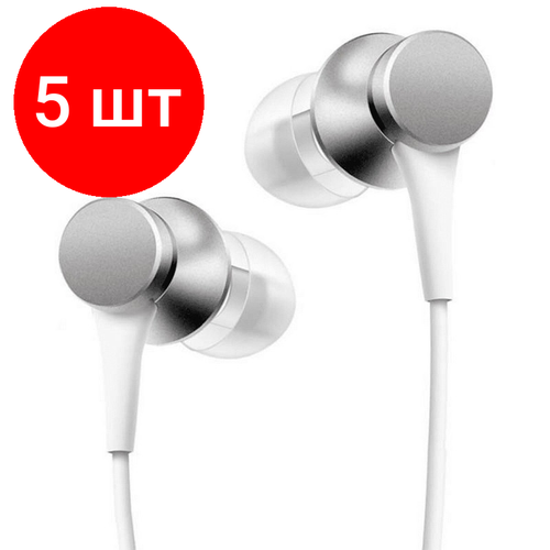 Комплект 5 штук, Наушники Xiaomi Mi In-Ear Headphones Basic (Silver) (ZBW4355TY) наушники полноразмерные hoco w36 cat ear headphones with mic темно синий