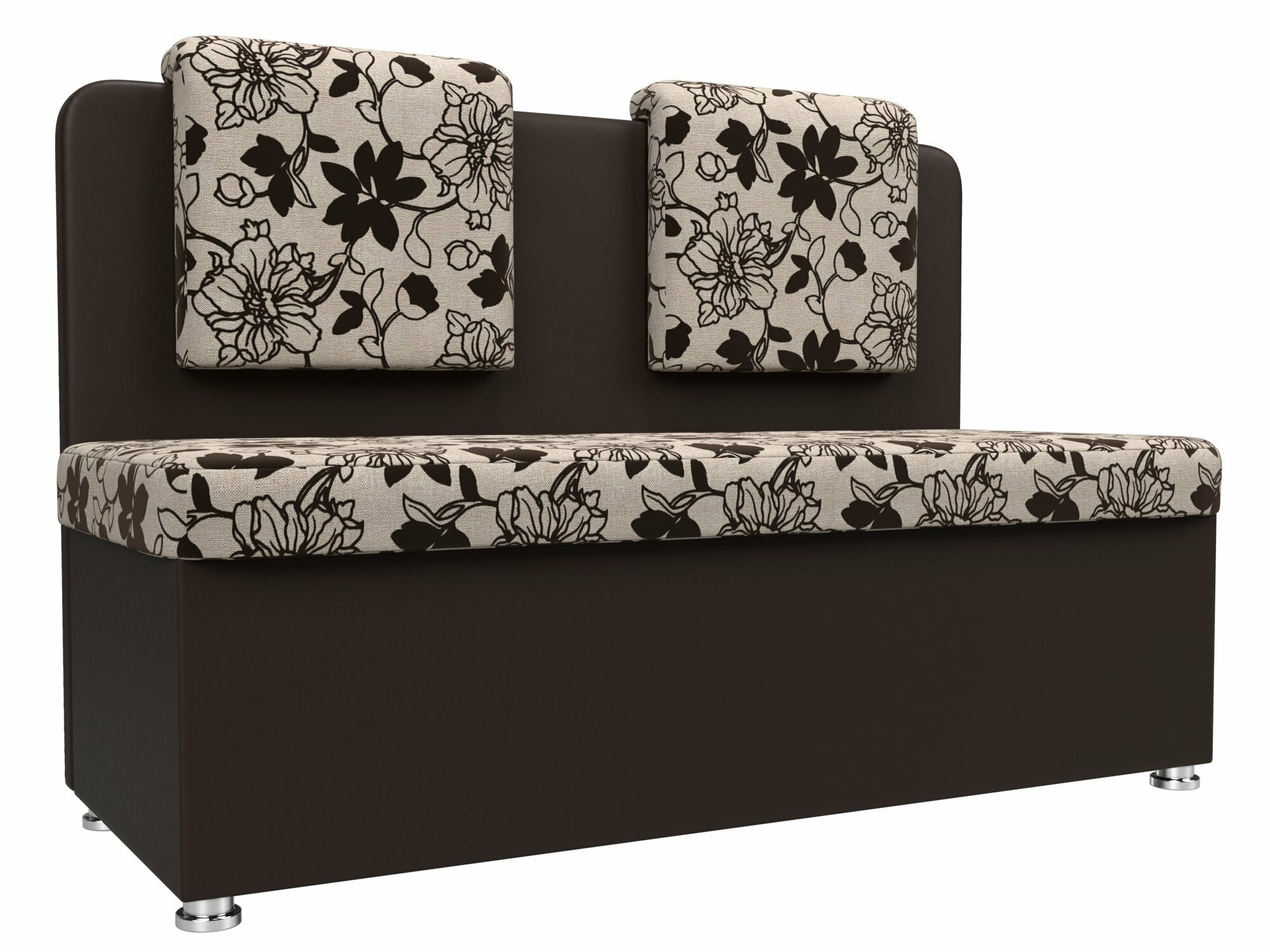Кухонный прямой диван Маккон 2-х местный, Рогожка Цветы и Экокожа коричневая