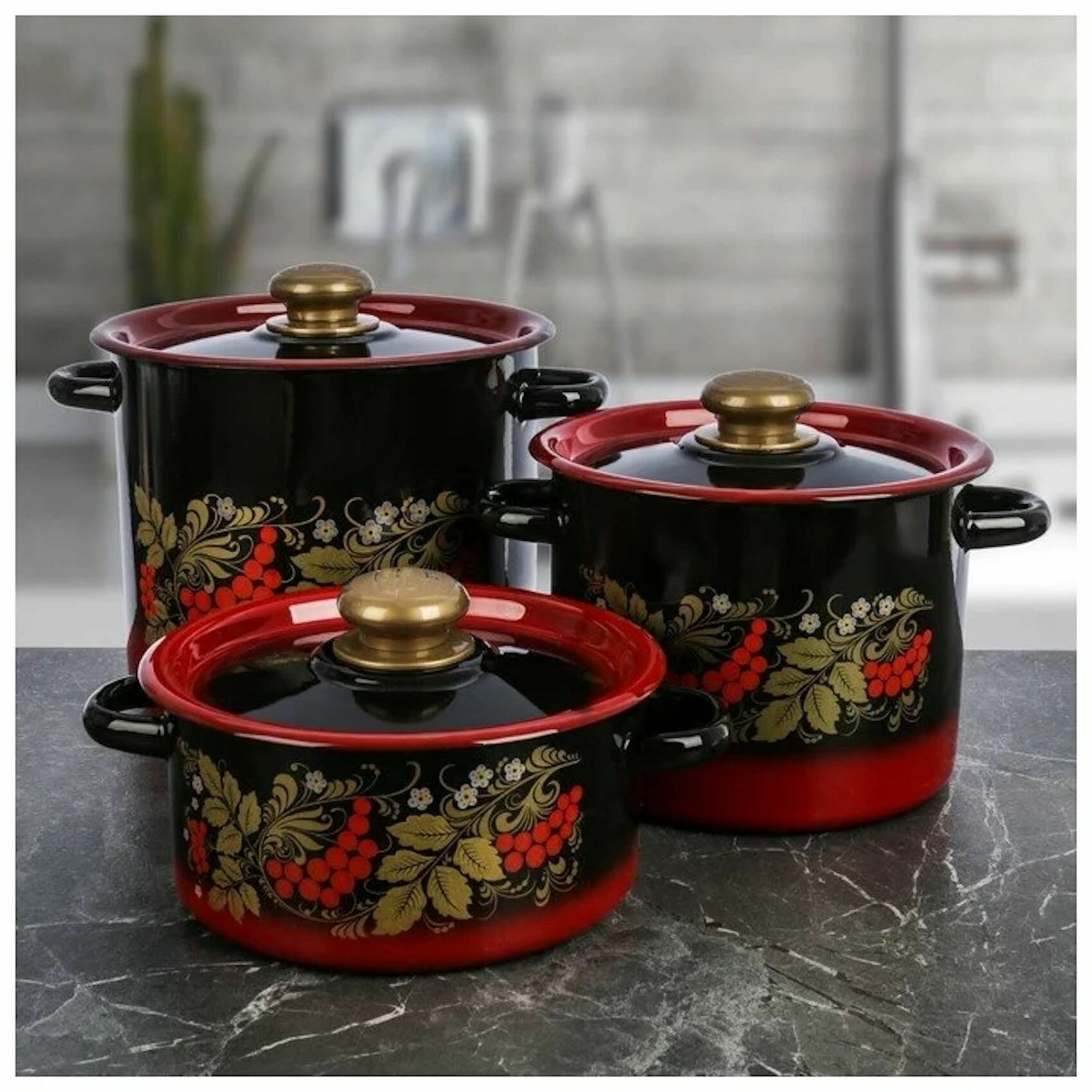 фото Набор эмалированных кастрюль"Рябинка" 2л, 3,5л и 5,5л.