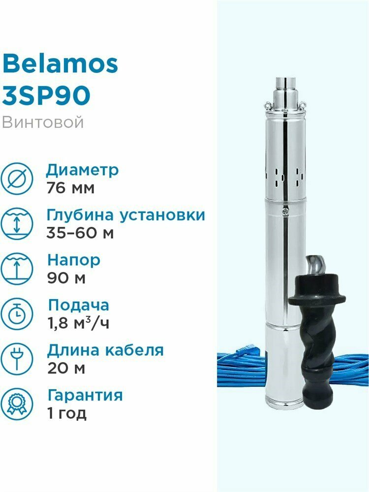 Скважинный насос BELAMOS погружной 3SP90/1.8/30л. мин, каб. 20м, диам. 75мм, винтовой