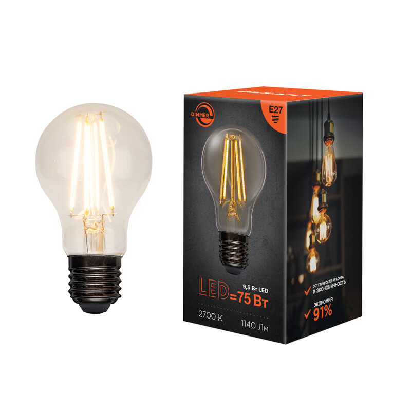 Лампа филаментная Груша A60 9,5Вт 1140Лм 2700K E27 диммируемая, прозрачная колба REXANT 10 шт арт. 604-074