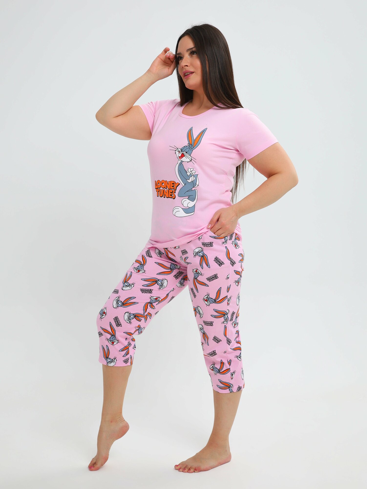 Пижама женская с бриджами хлопок домашний костюм Кролик розовый 54р - фотография № 5
