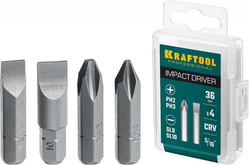 Kraftool Биты для ударной отвертки 4 шт 36 мм, KRAFTOOL