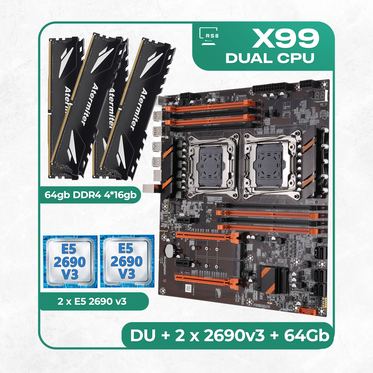 Комплект материнской платы X99: ZX-DU99D4 + 2 x Xeon E5 2690v3 + DDR4 64Гб Atermiter 2666Mhz 4х16Гб