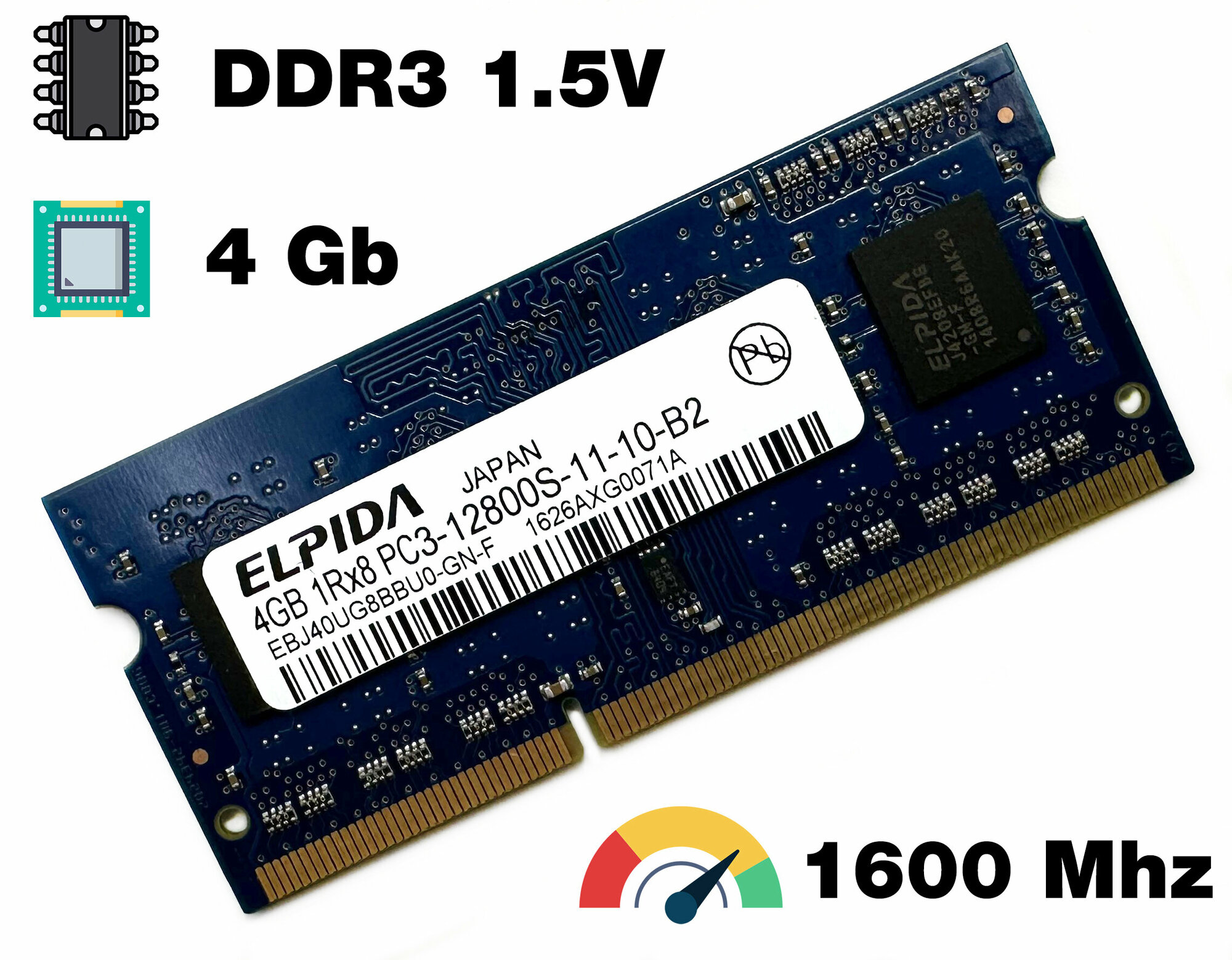 Оперативная память DDR3 4Gb 1600 Mhz Elpida EBJ40UG8BBU0-GN-F PC3-12800S 1 Rank So-Dimm для ноутбука